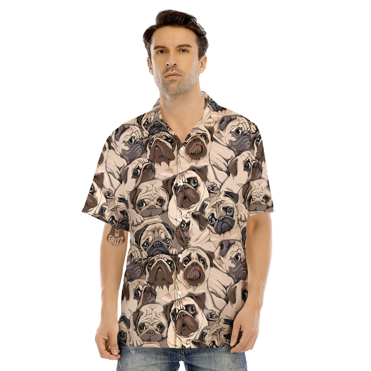 Portrait Pug Vintage Print Pattern Men's Hawaiian Shirt-grizzshop