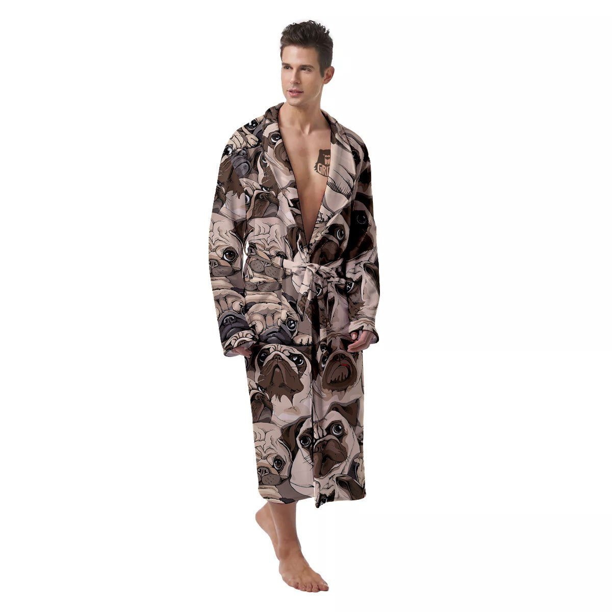 Portrait Pug Vintage Print Pattern Men's Robe-grizzshop