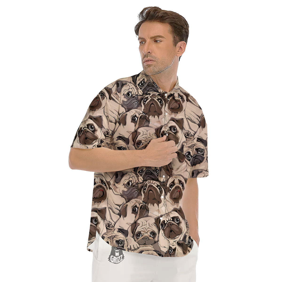 Portrait Pug Vintage Print Pattern Men's Short Sleeve Shirts-grizzshop