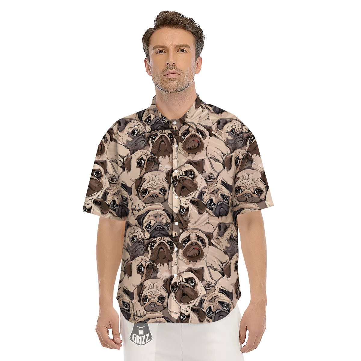 Portrait Pug Vintage Print Pattern Men's Short Sleeve Shirts-grizzshop