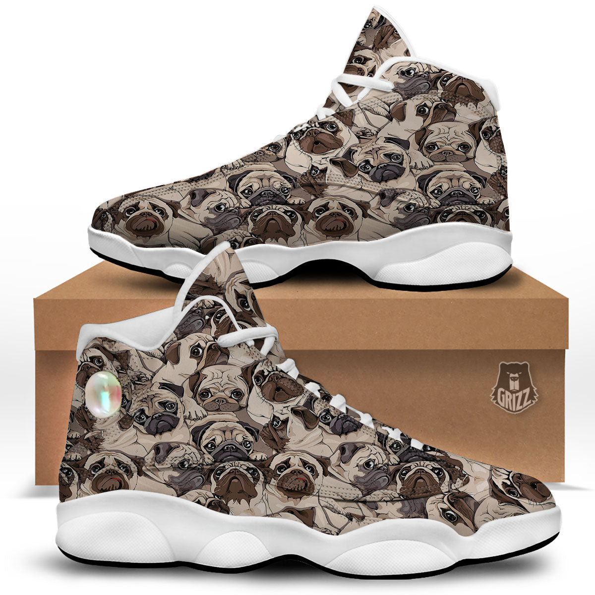 Portrait Pug Vintage Print Pattern White Basketball Shoes-grizzshop