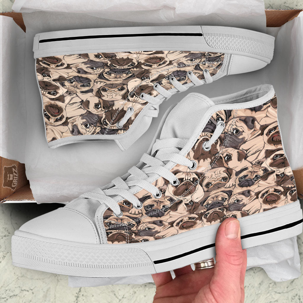 Portrait Pug Vintage Print Pattern White High Top Shoes-grizzshop