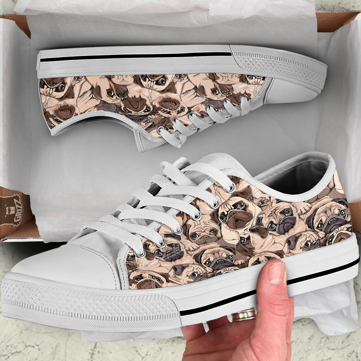 Portrait Pug Vintage Print Pattern White Low Top Shoes-grizzshop