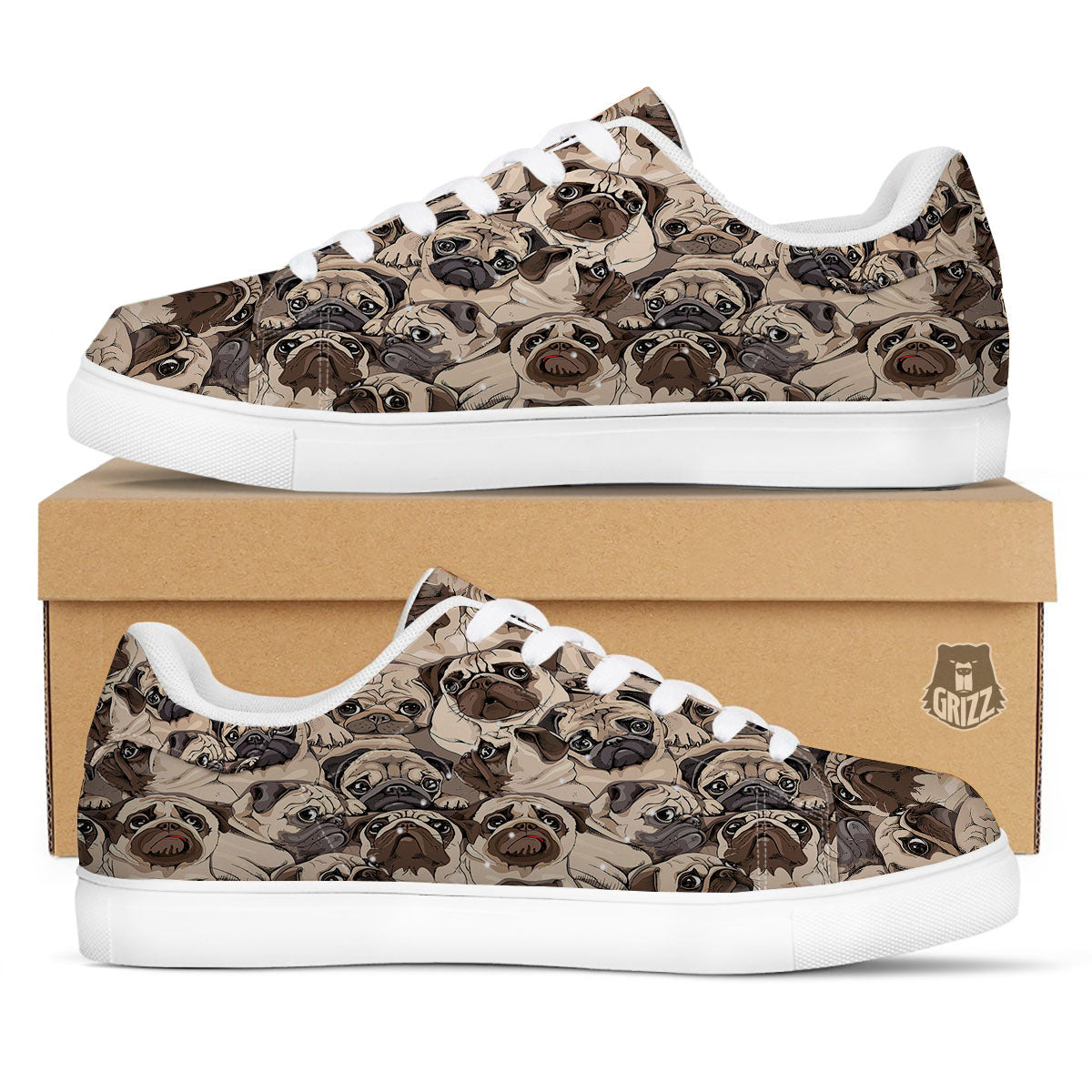 Portrait Pug Vintage Print Pattern White Low Top Sneakers-grizzshop