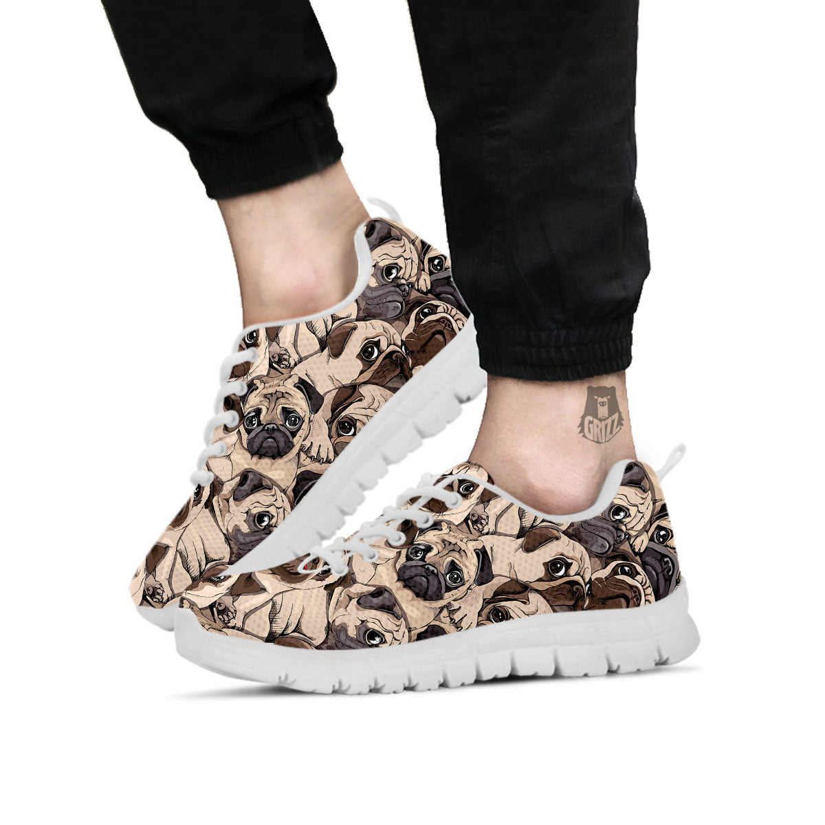 Portrait Pug Vintage Print Pattern White Sneaker-grizzshop