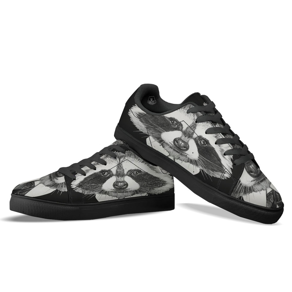 Portrait Raccoon Print Black Low Top Sneakers-grizzshop