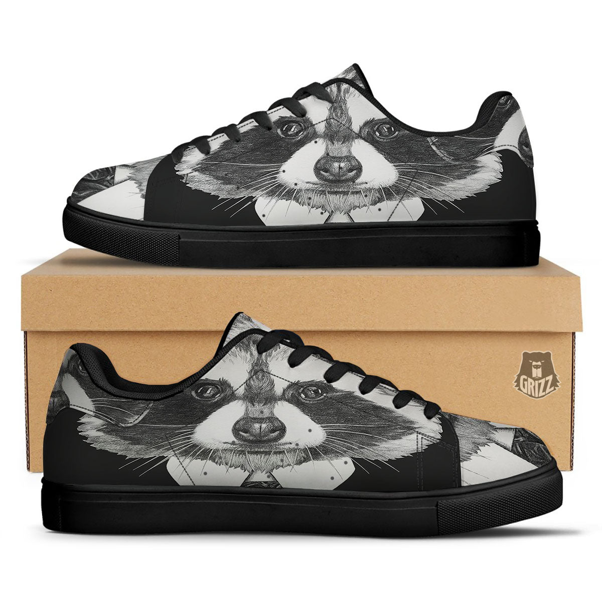 Portrait Raccoon Print Black Low Top Sneakers-grizzshop