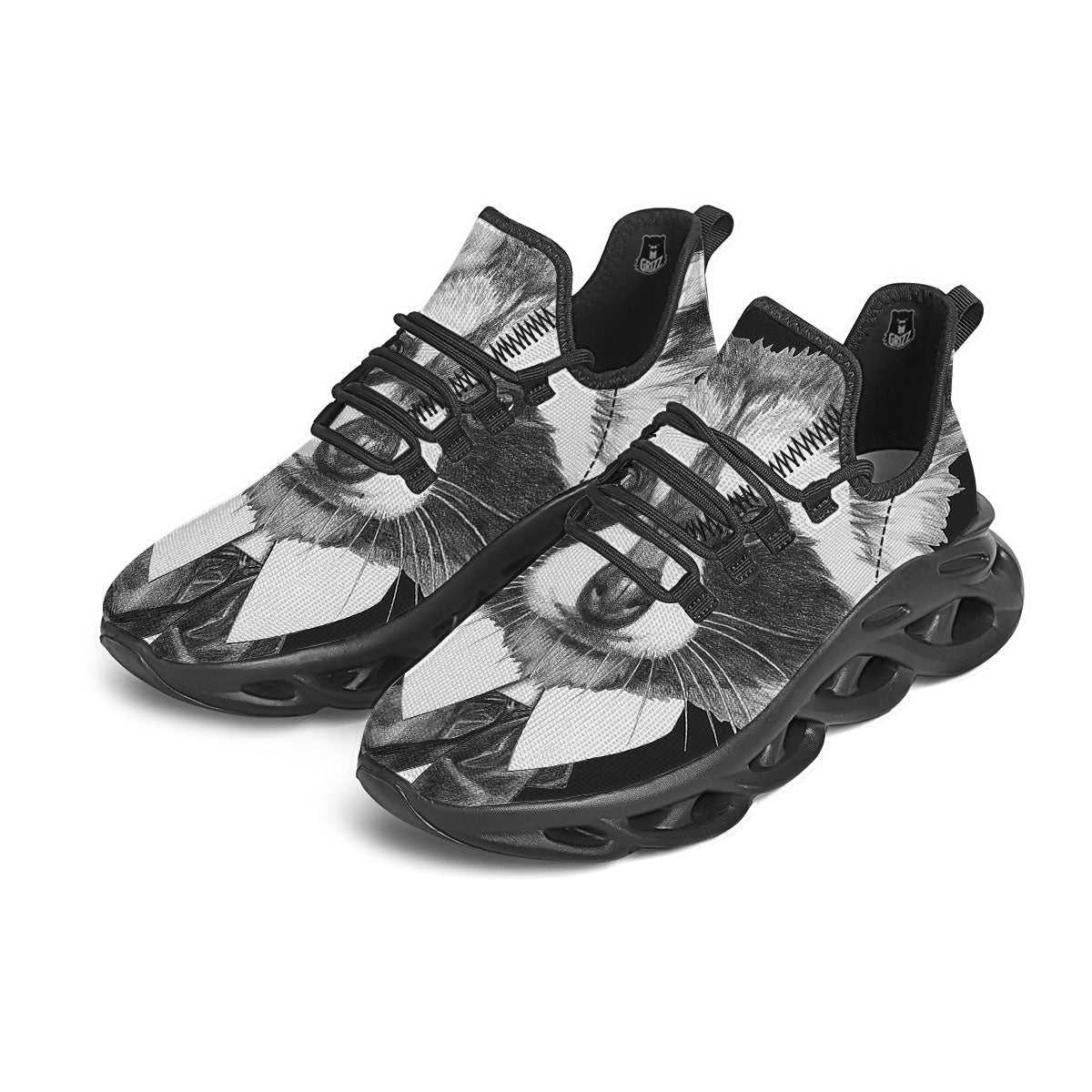 Portrait Raccoon Print Black Running Shoes-grizzshop
