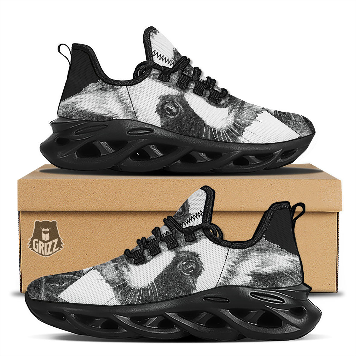 Portrait Raccoon Print Black Running Shoes-grizzshop