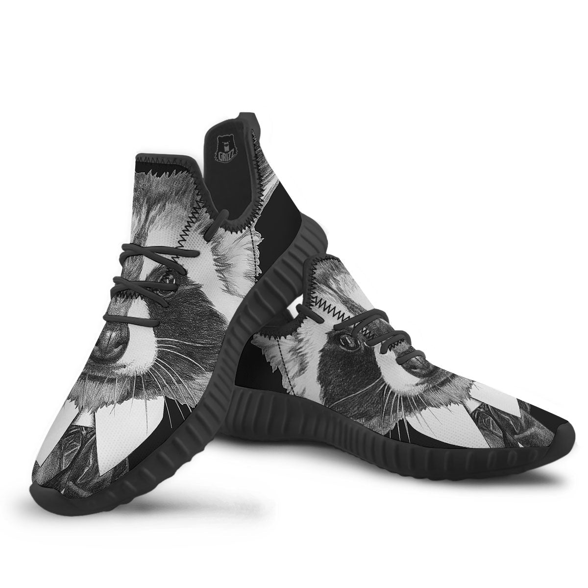 Portrait Raccoon Print Black Walking Shoes-grizzshop