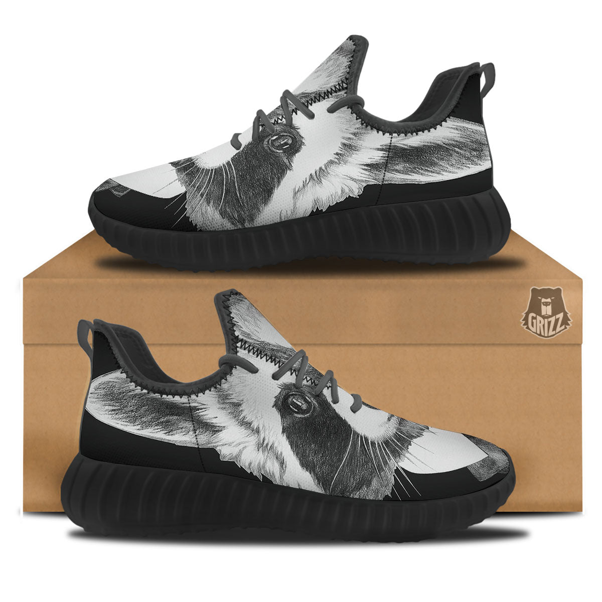 Portrait Raccoon Print Black Walking Shoes-grizzshop