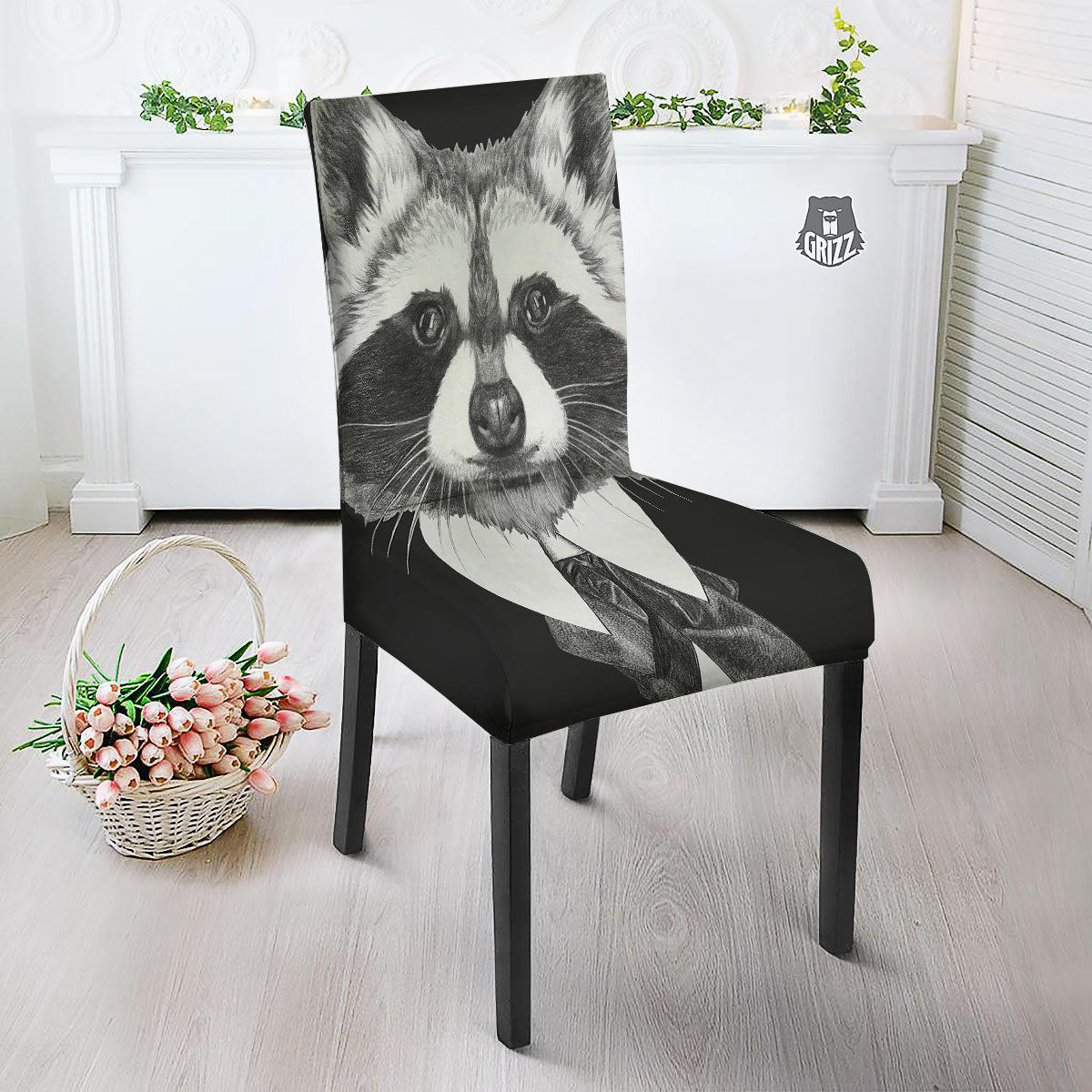 Portrait Raccoon Print Dining Chair Slipcover-grizzshop