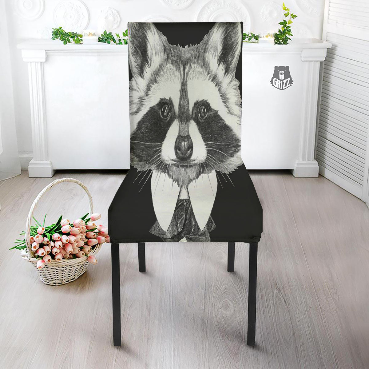 Portrait Raccoon Print Dining Chair Slipcover-grizzshop