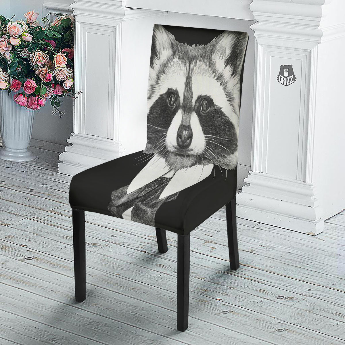 Portrait Raccoon Print Dining Chair Slipcover-grizzshop