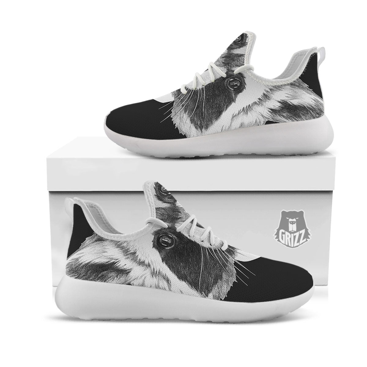 Portrait Raccoon Print White Athletic Shoes-grizzshop