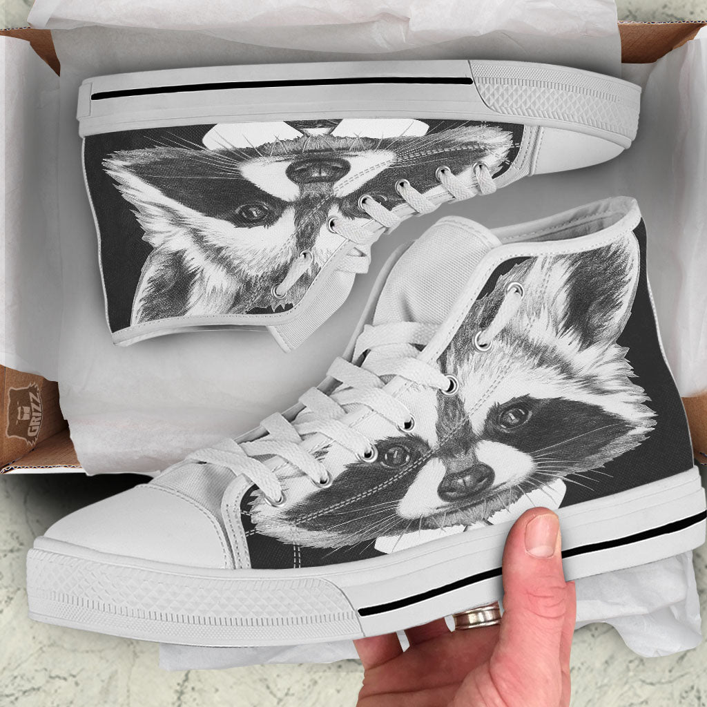 Portrait Raccoon Print White High Top Shoes-grizzshop