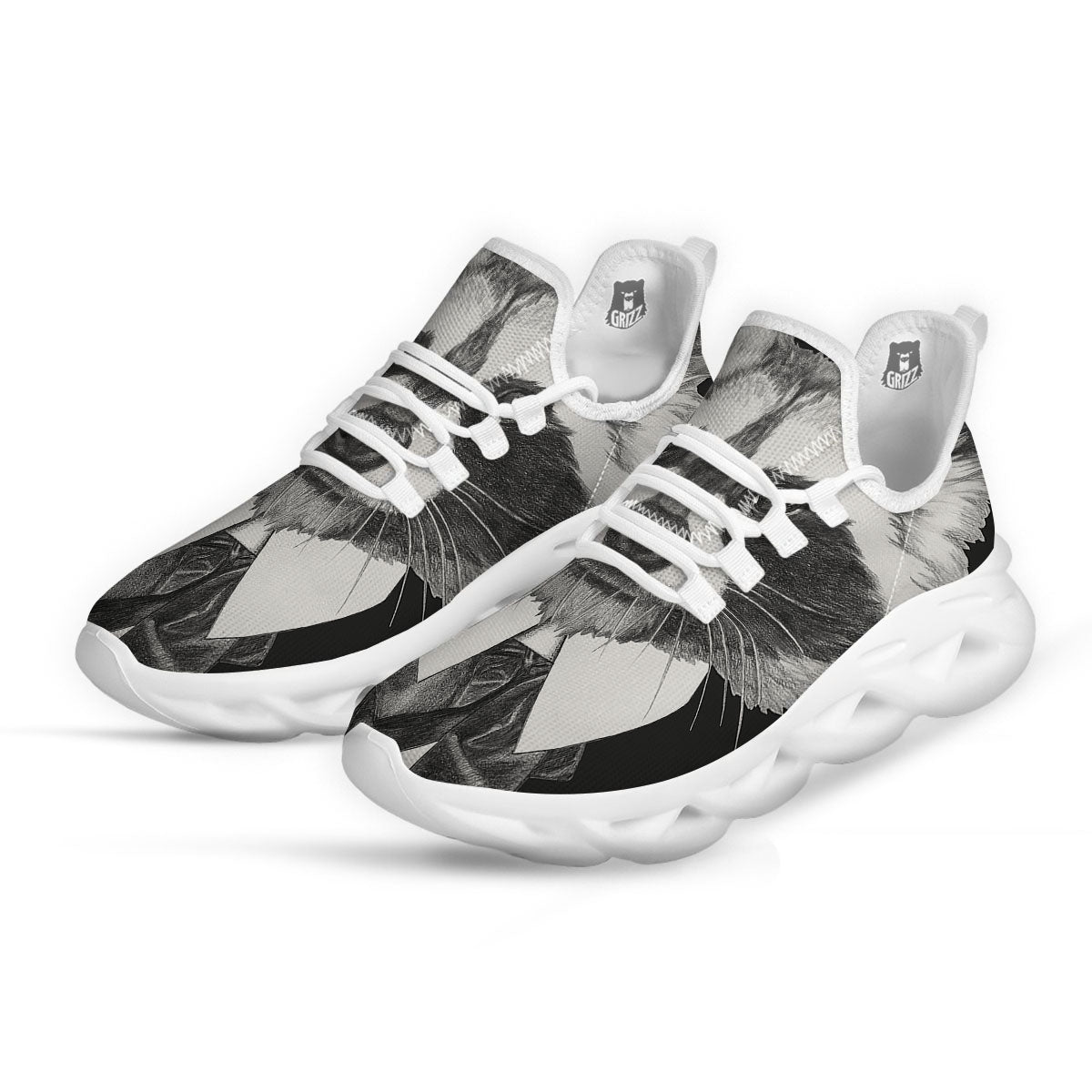 Portrait Raccoon Print White Running Shoes-grizzshop