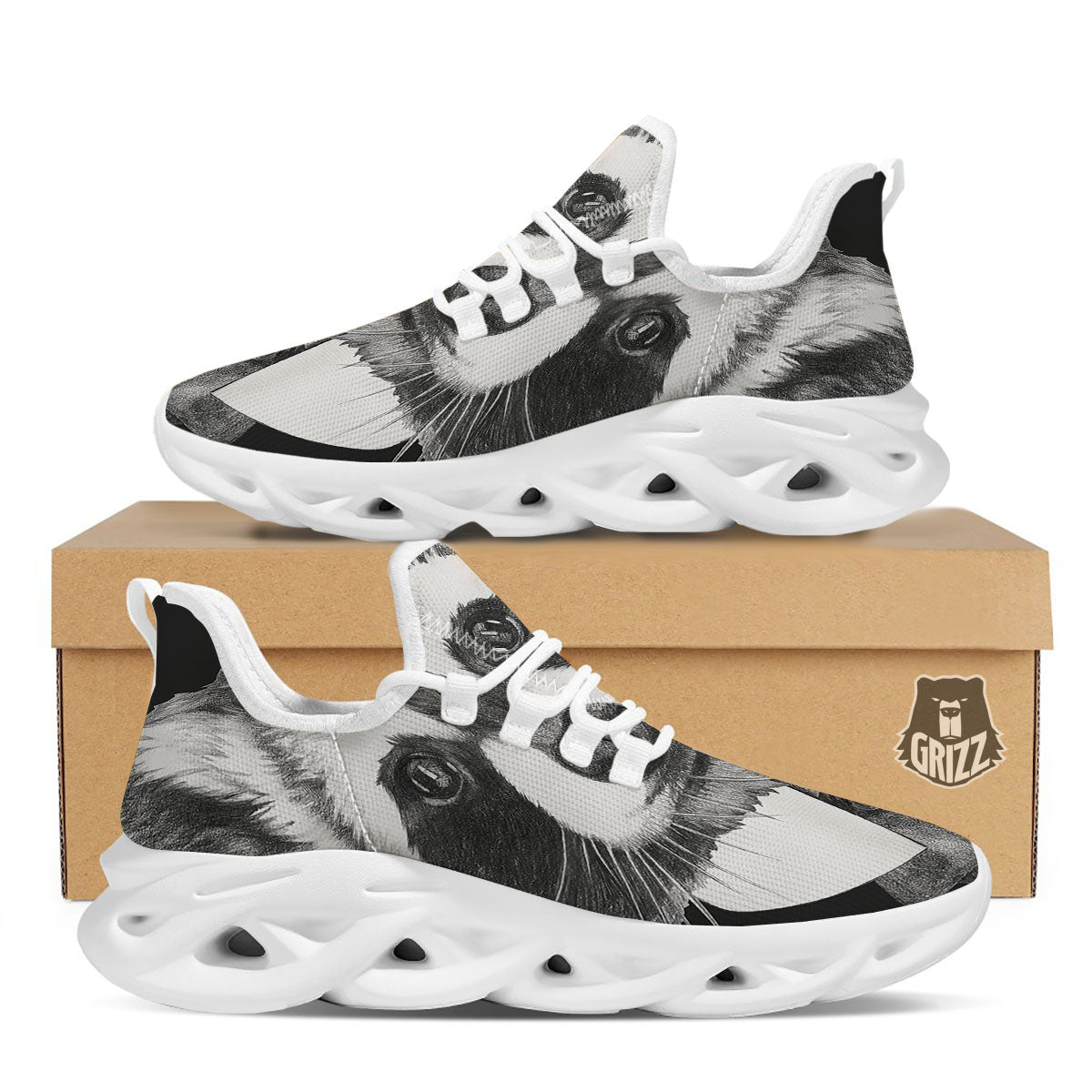 Portrait Raccoon Print White Running Shoes-grizzshop
