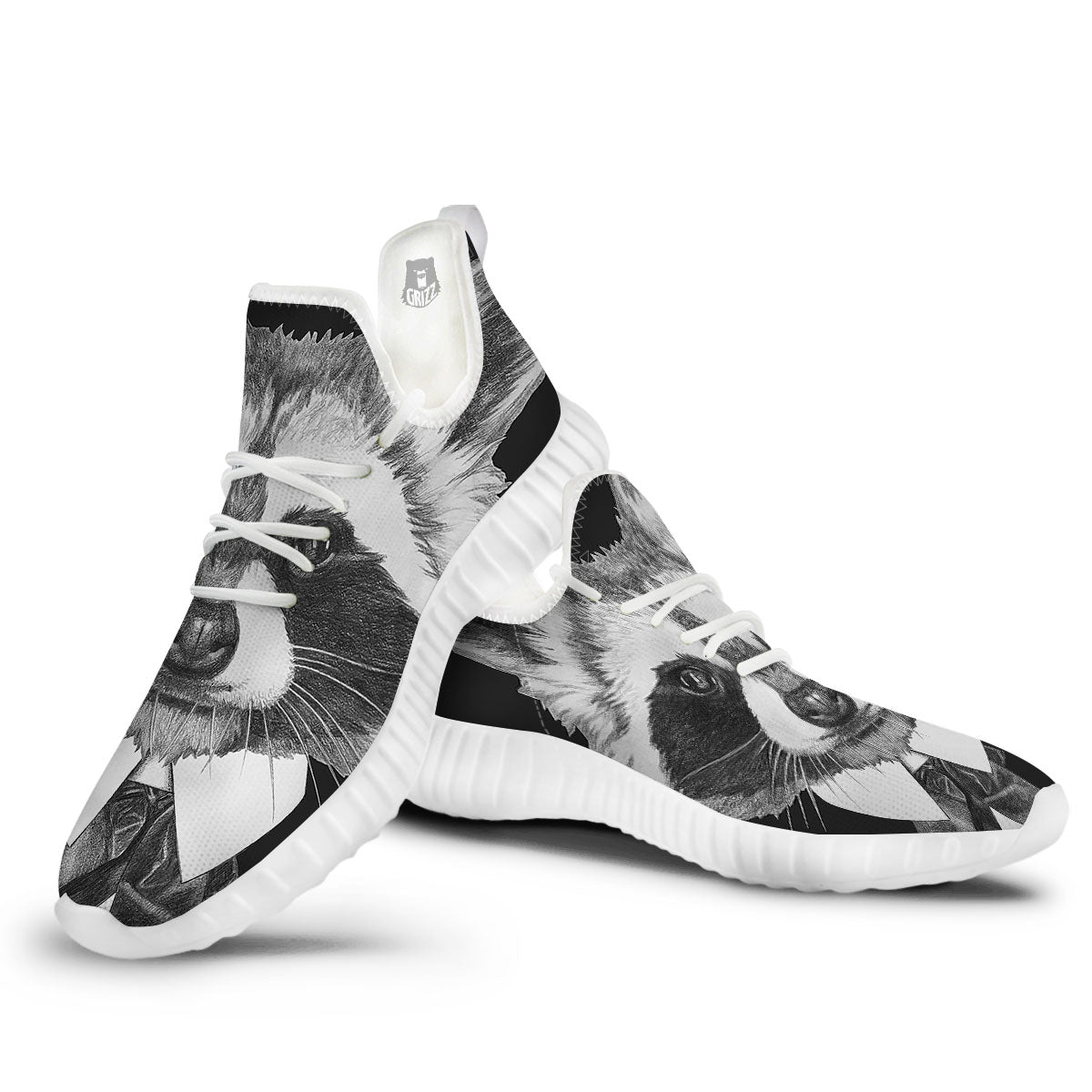 Portrait Raccoon Print White Walking Shoes-grizzshop