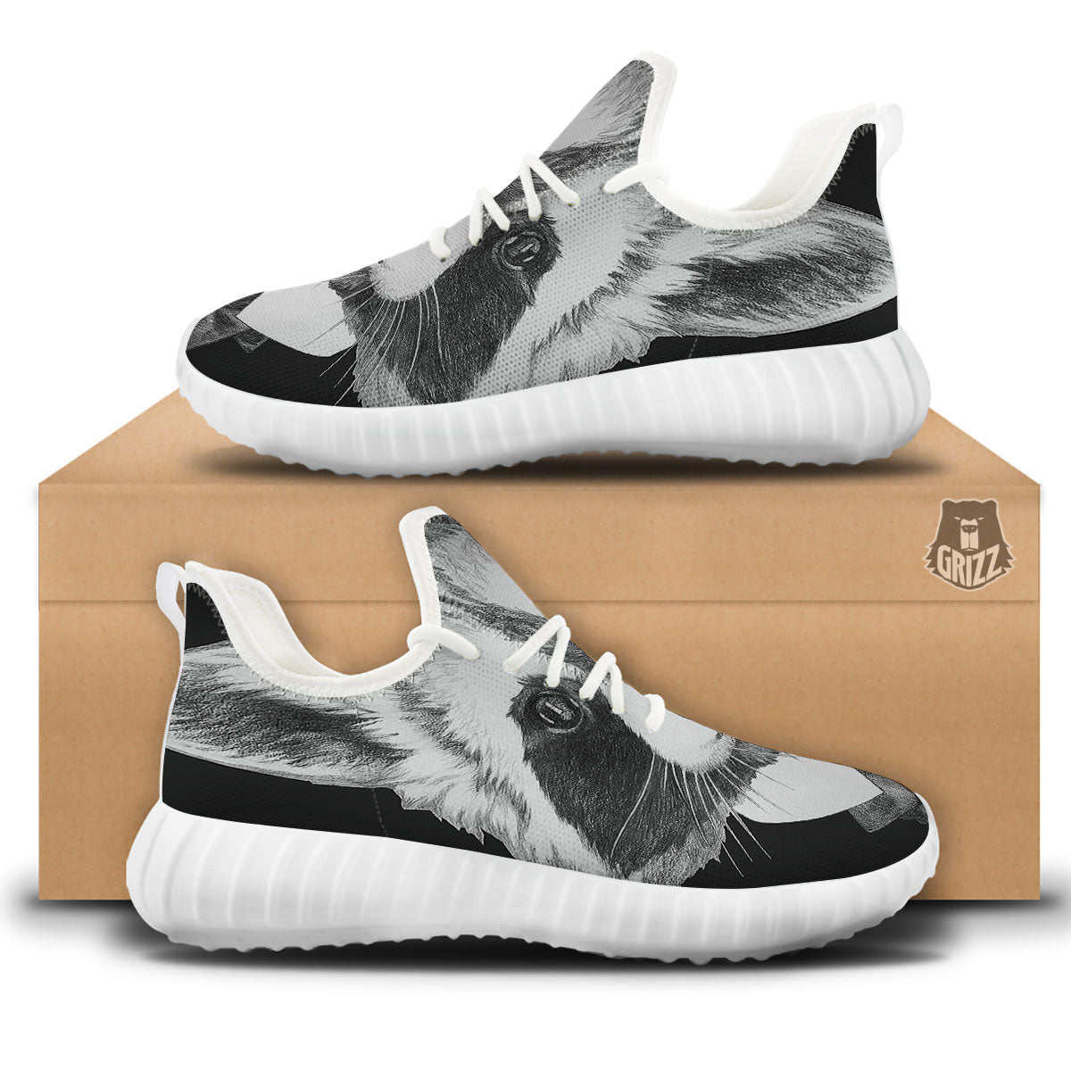 Portrait Raccoon Print White Walking Shoes-grizzshop