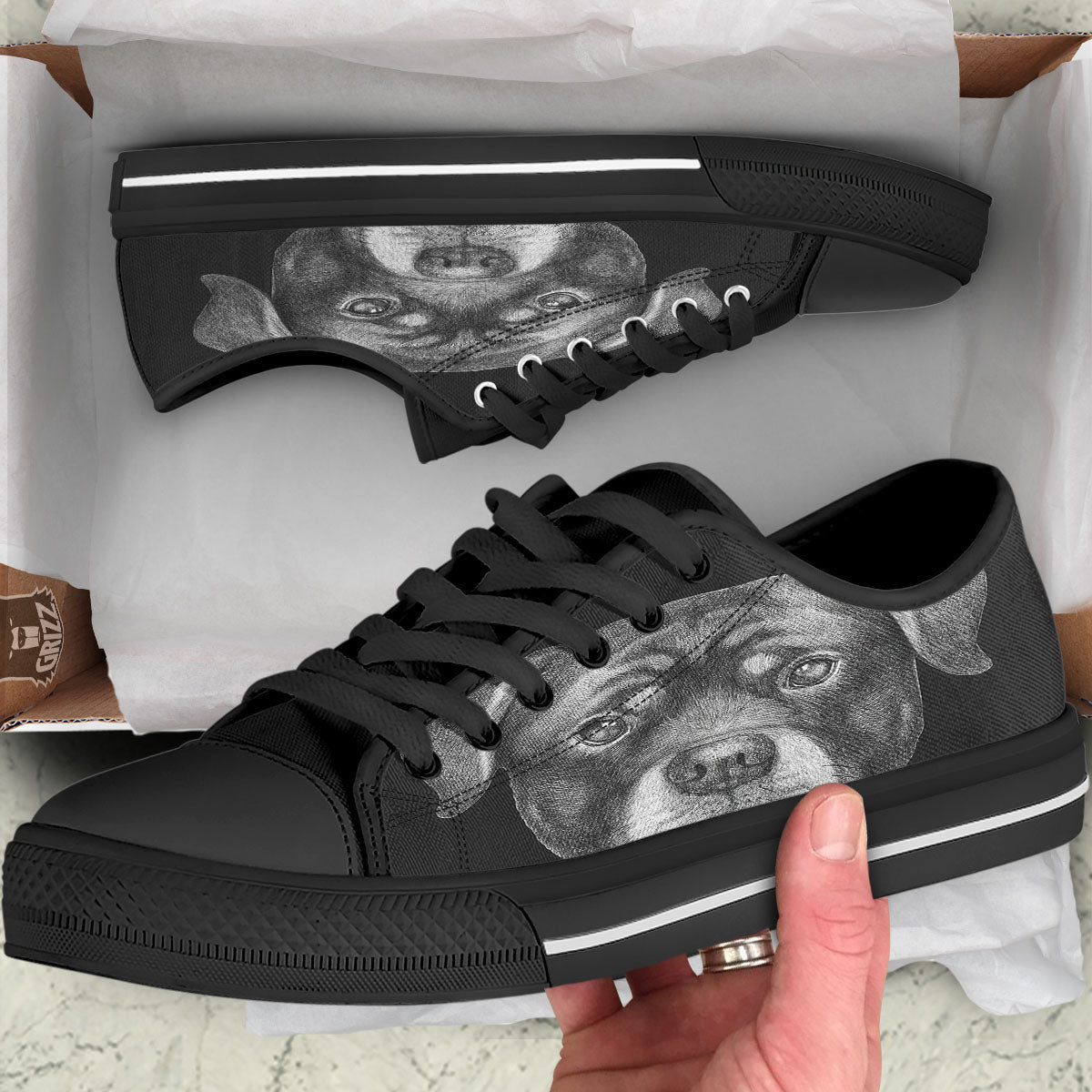 Portrait Rottweiler Vintage Print Black Low Top Shoes-grizzshop