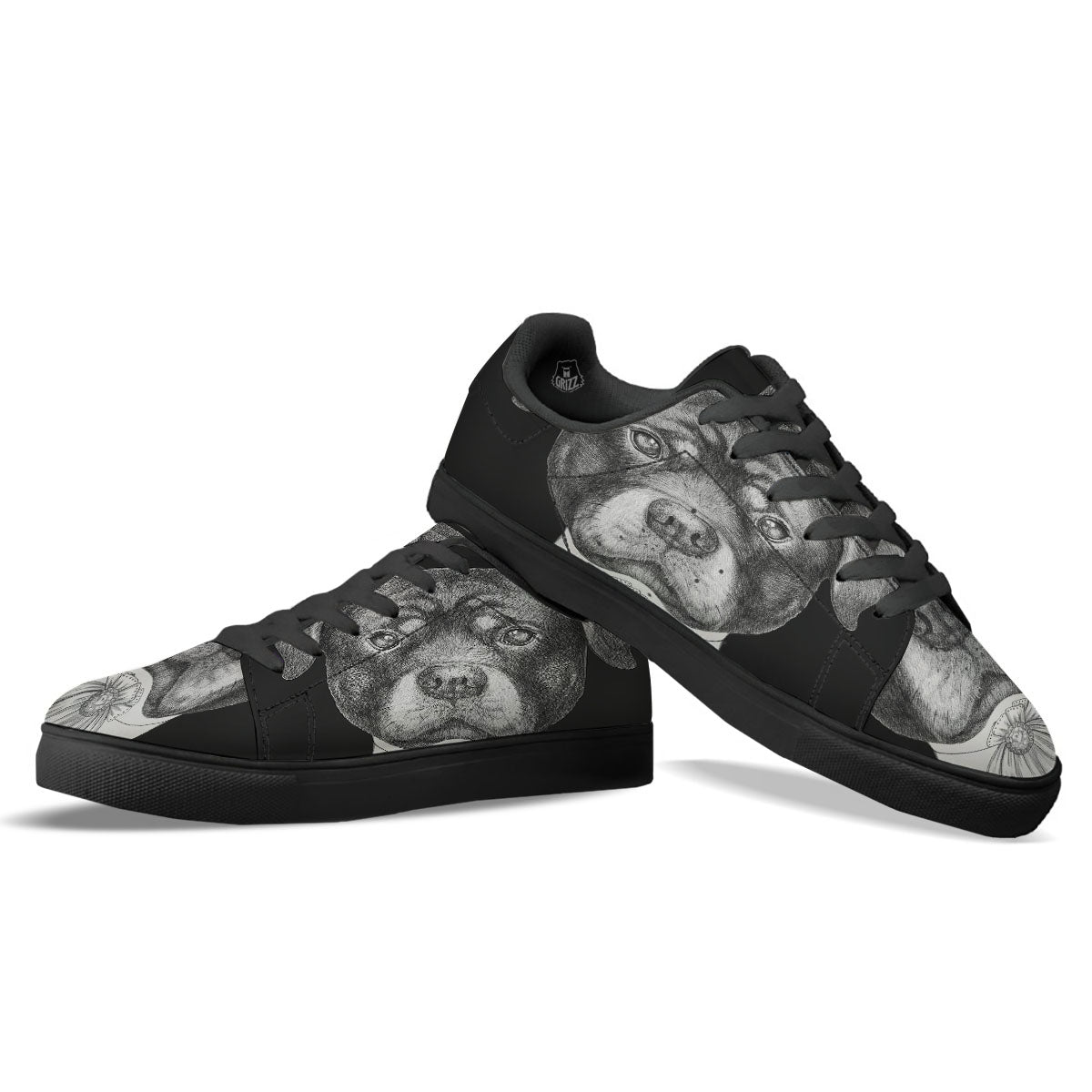 Portrait Rottweiler Vintage Print Black Low Top Sneakers-grizzshop