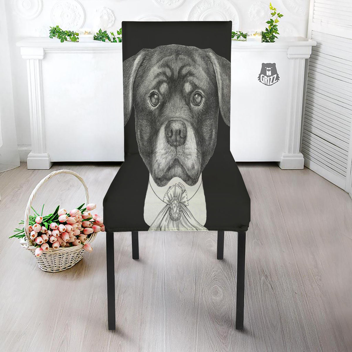 Portrait Rottweiler Vintage Print Dining Chair Slipcover-grizzshop