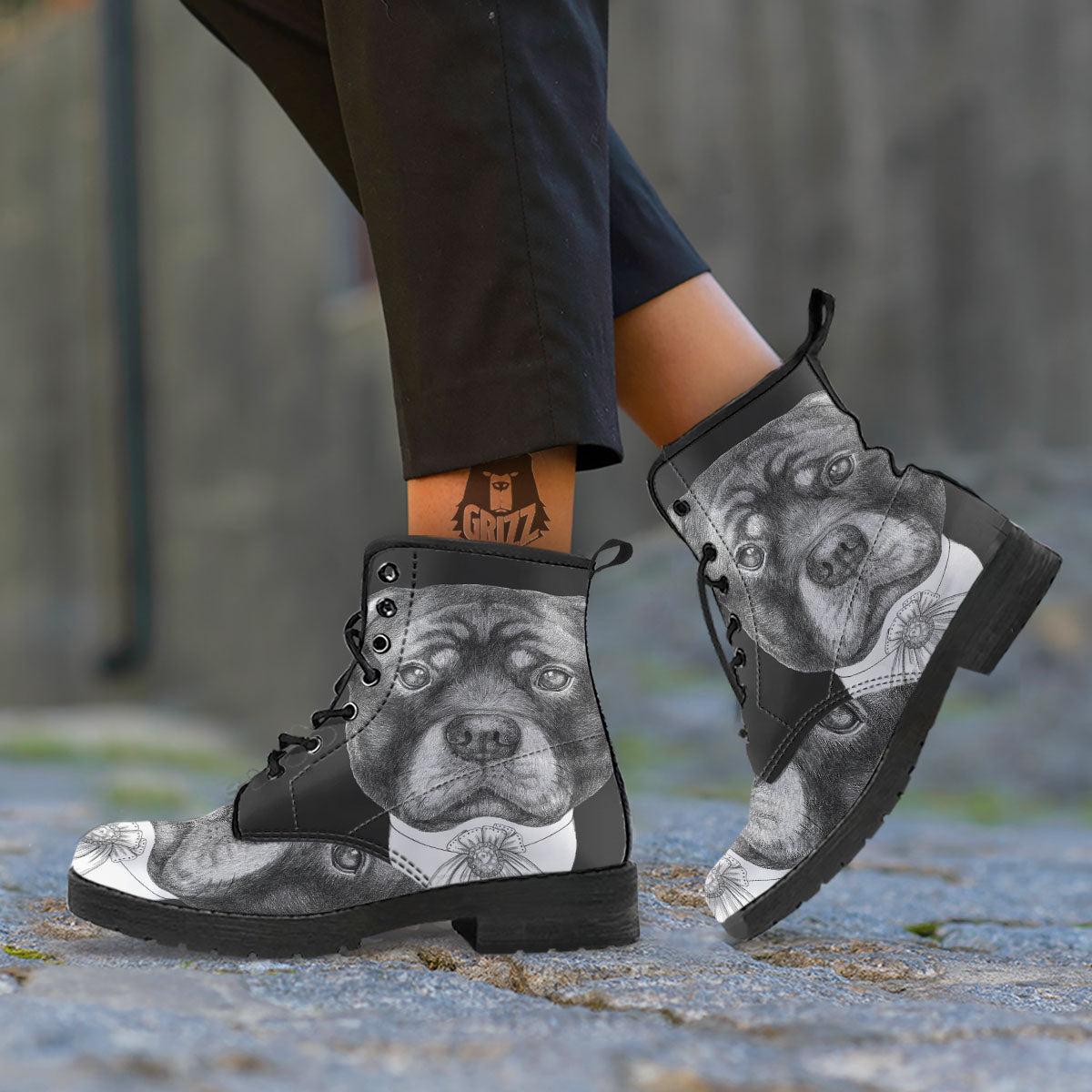 Portrait Rottweiler Vintage Print Leather Boots-grizzshop