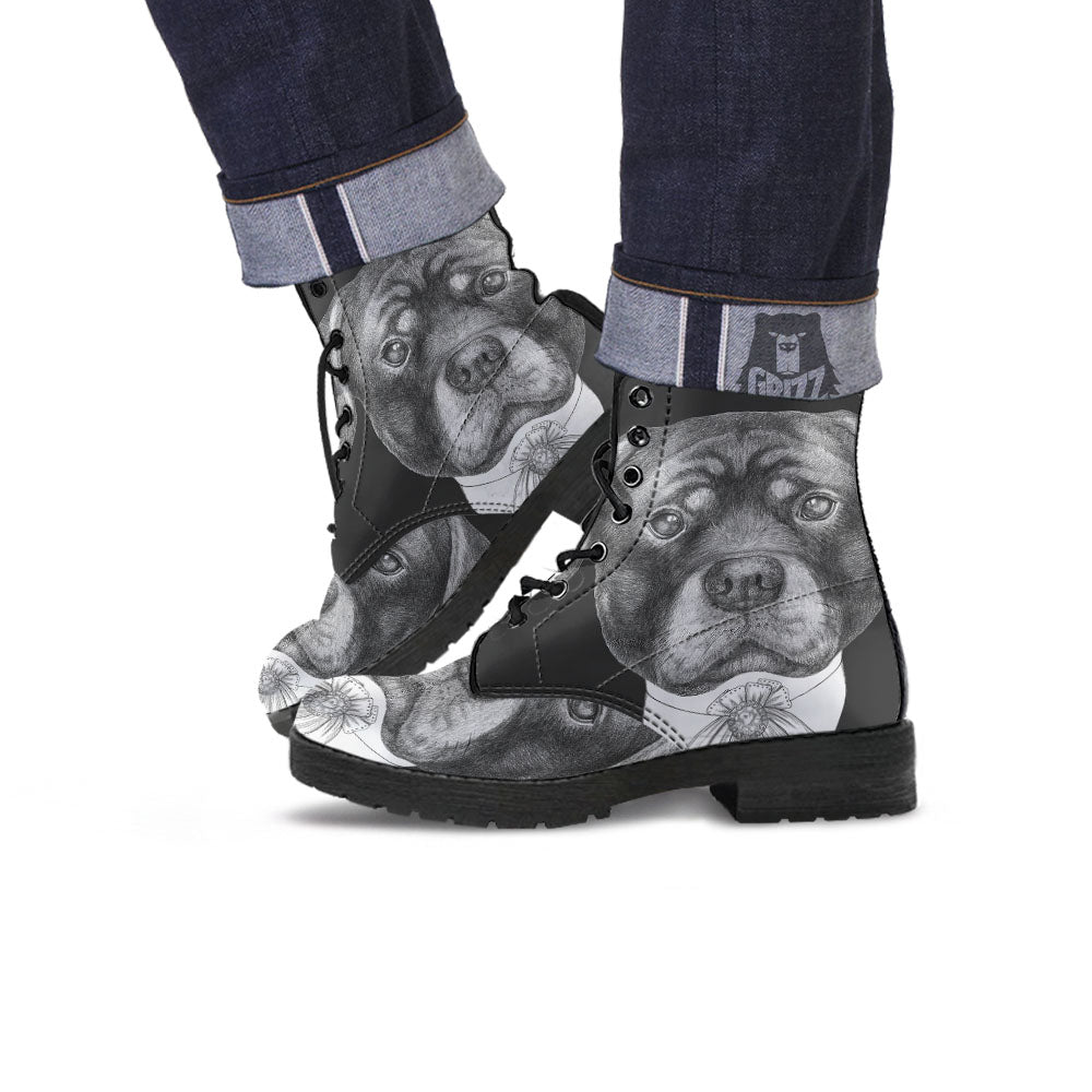 Portrait Rottweiler Vintage Print Leather Boots-grizzshop