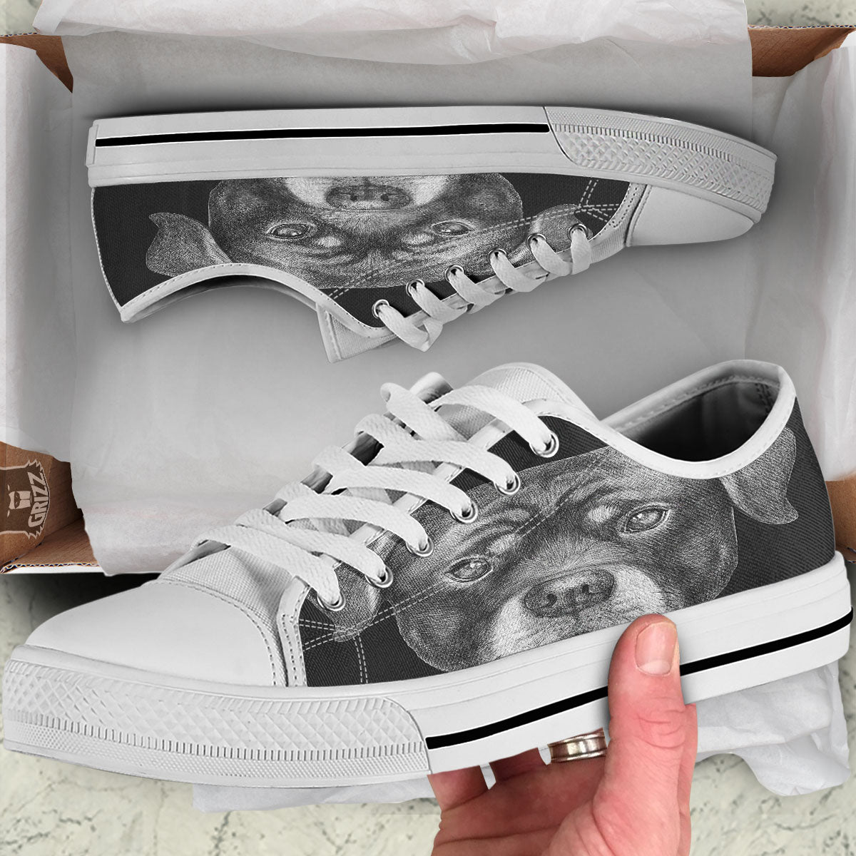 Portrait Rottweiler Vintage Print White Low Top Shoes-grizzshop