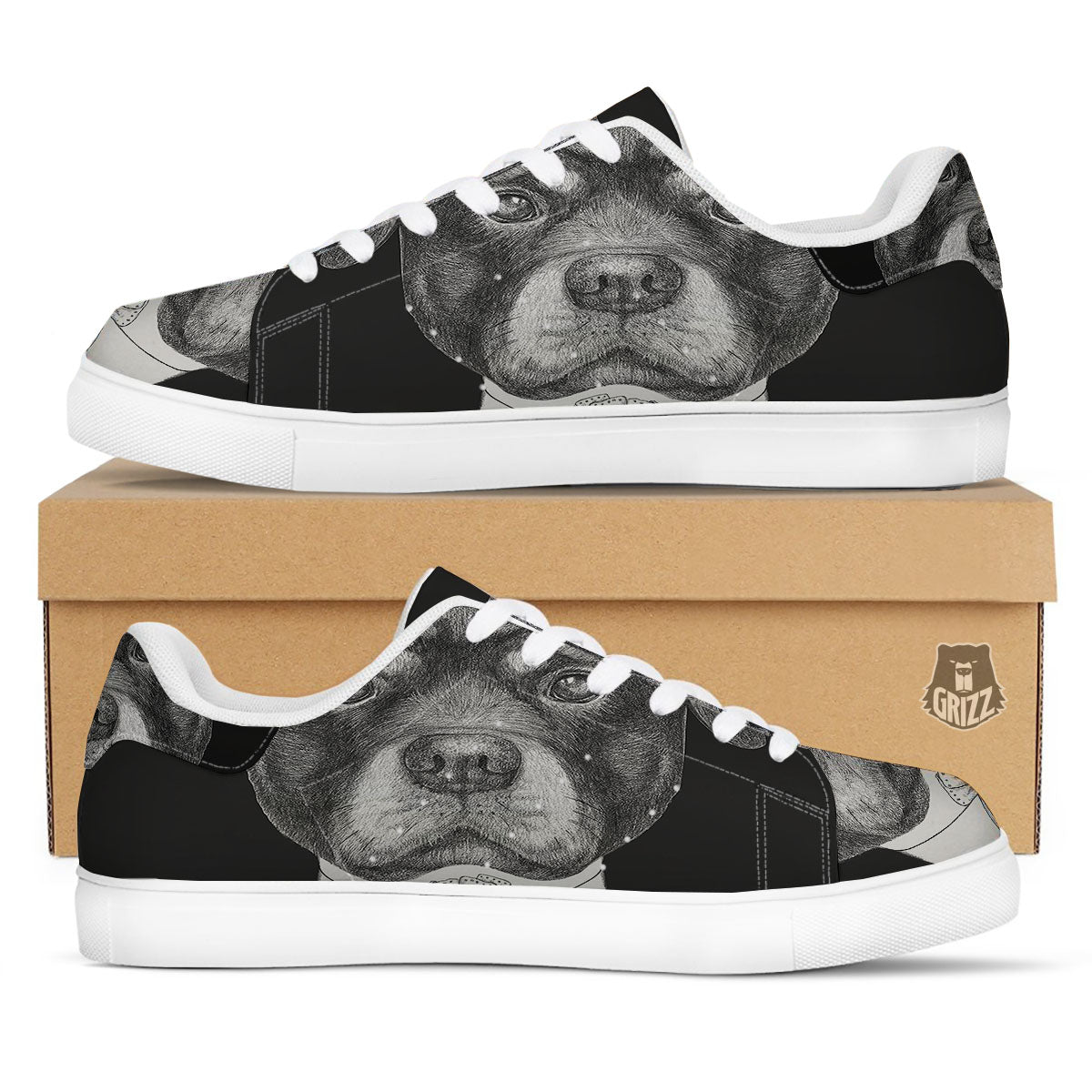 Portrait Rottweiler Vintage Print White Low Top Sneakers-grizzshop