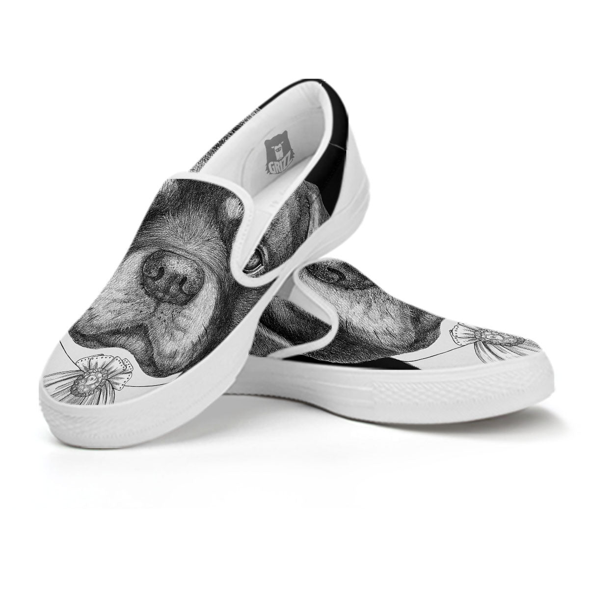 Portrait Rottweiler Vintage Print White Slip On Shoes-grizzshop