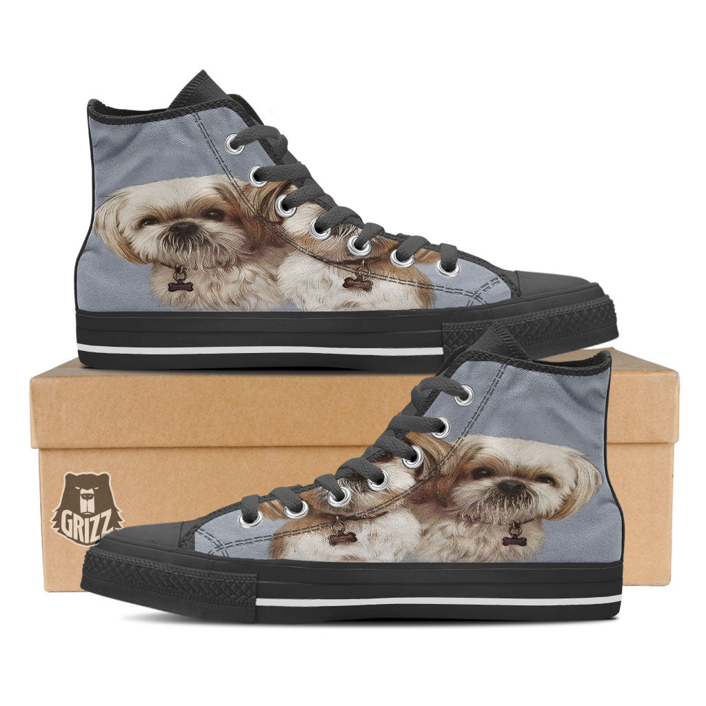 Portrait Shih Tzu Print Black High Top Shoes-grizzshop