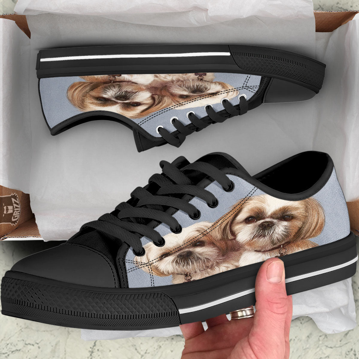 Portrait Shih Tzu Print Black Low Top Shoes-grizzshop