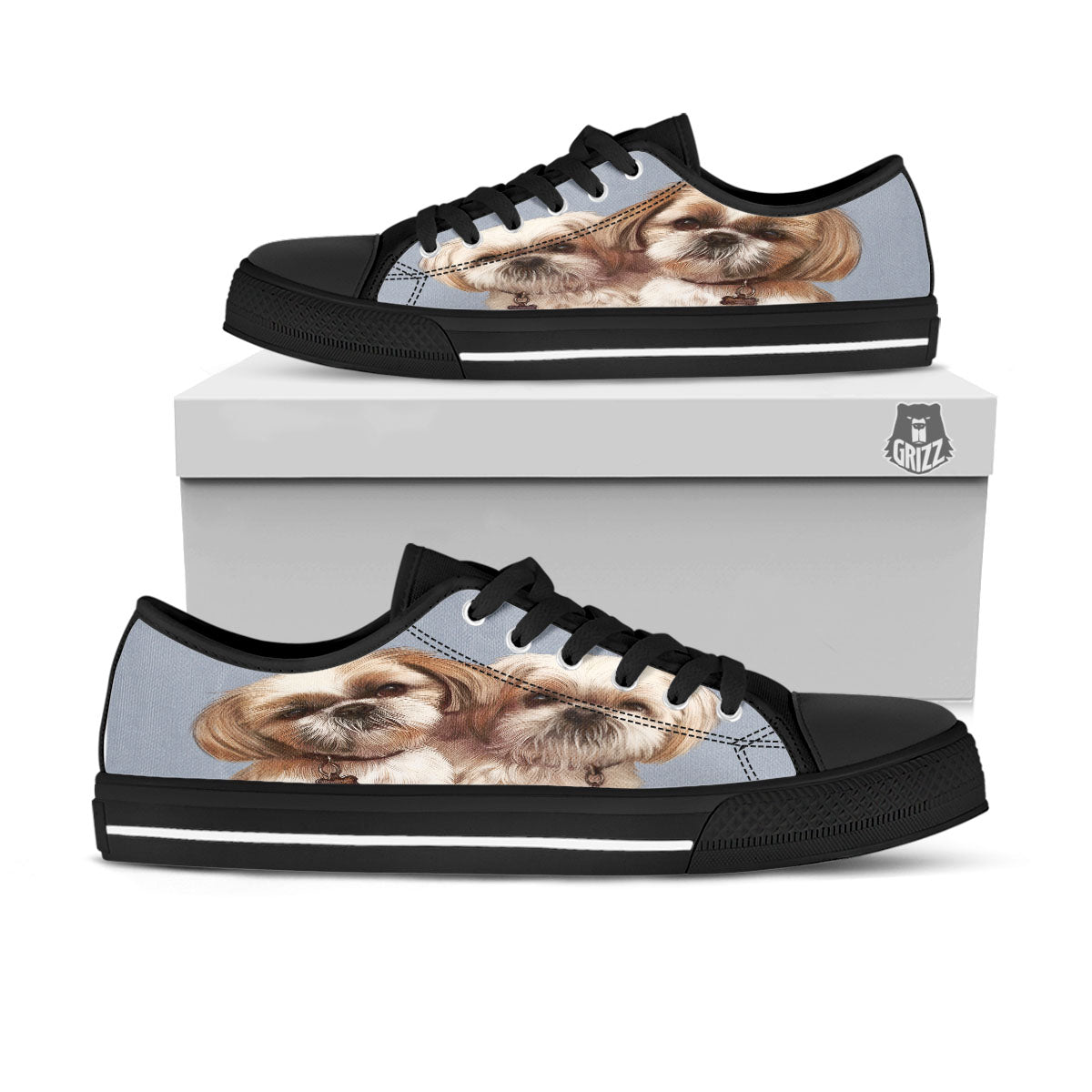 Portrait Shih Tzu Print Black Low Top Shoes-grizzshop