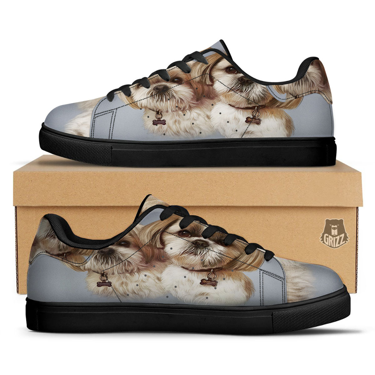 Portrait Shih Tzu Print Black Low Top Sneakers-grizzshop