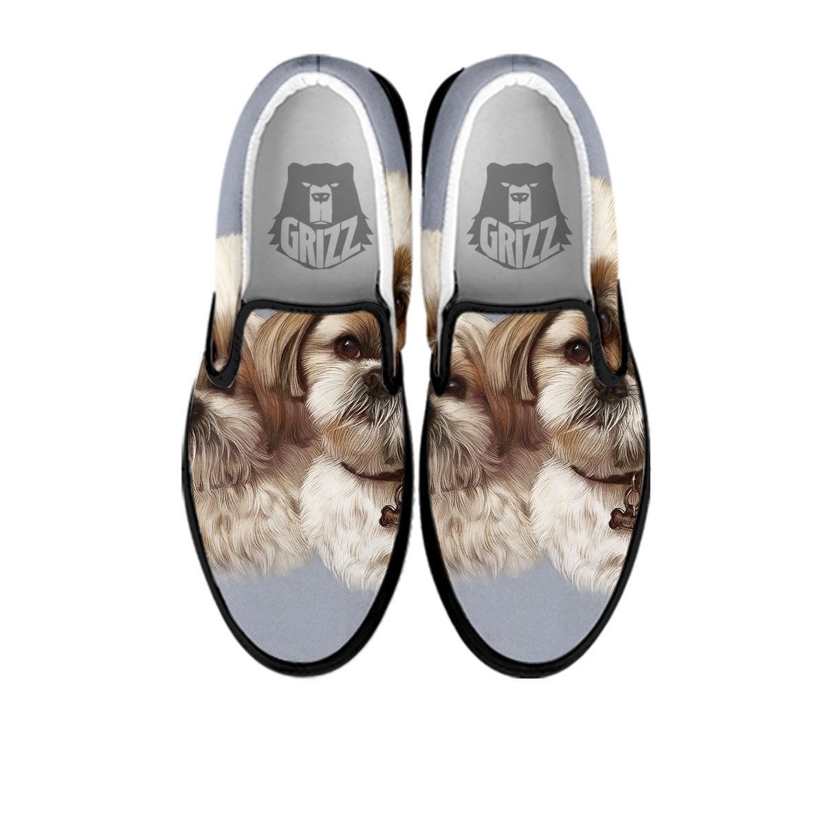 Portrait Shih Tzu Print Black Slip On Shoes-grizzshop