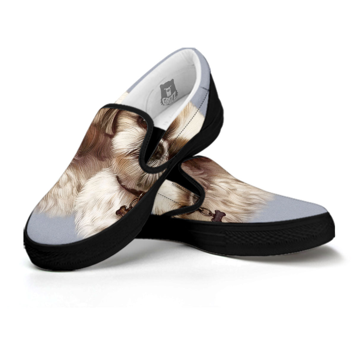 Portrait Shih Tzu Print Black Slip On Shoes-grizzshop