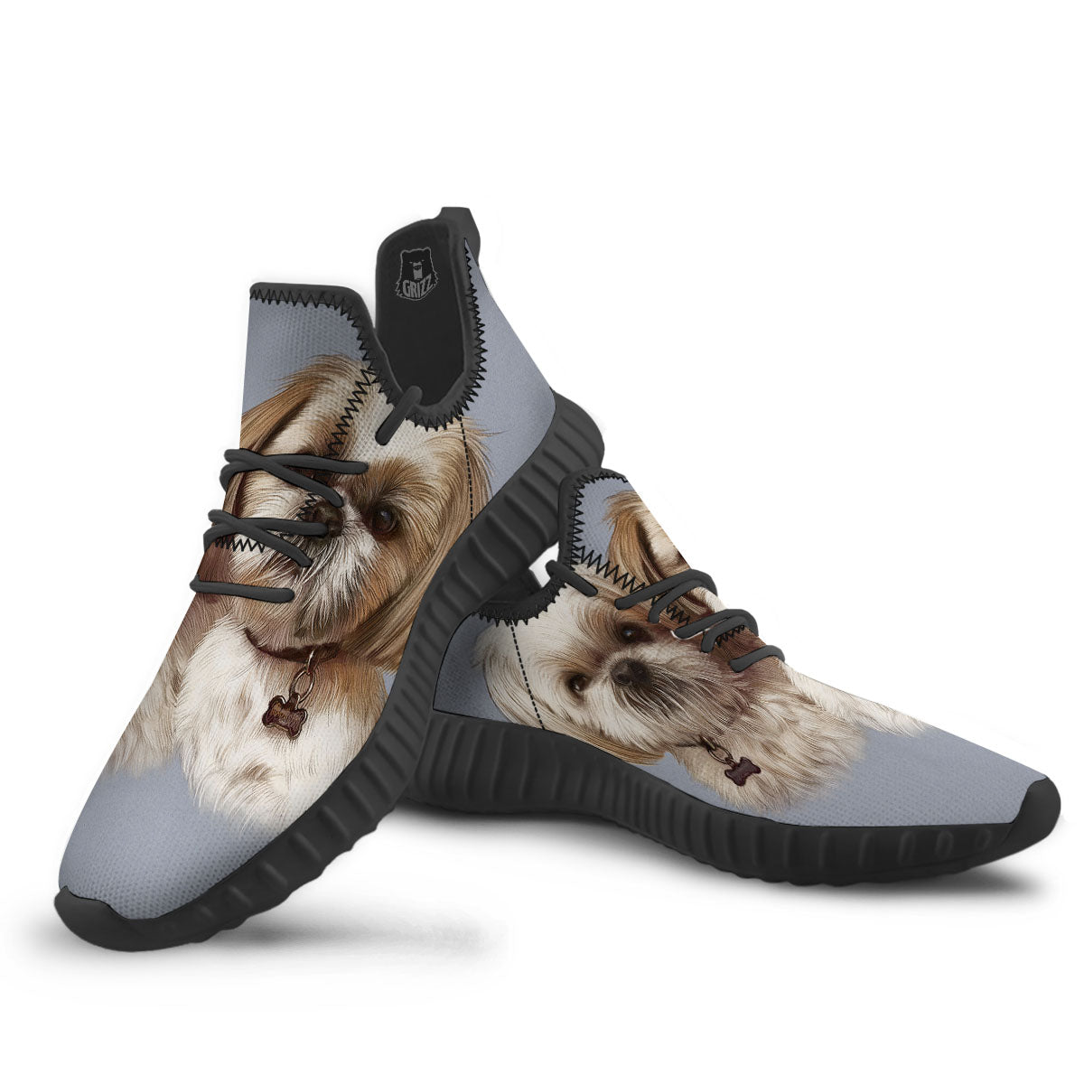 Portrait Shih Tzu Print Black Walking Shoes-grizzshop