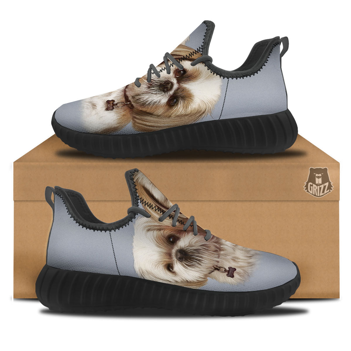 Portrait Shih Tzu Print Black Walking Shoes-grizzshop
