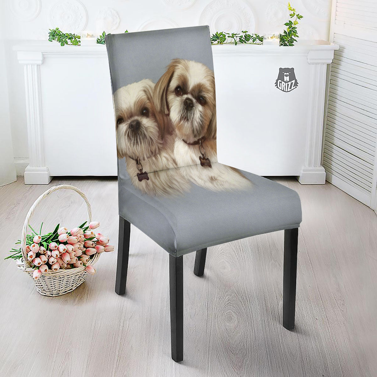 Portrait Shih Tzu Print Dining Chair Slipcover-grizzshop