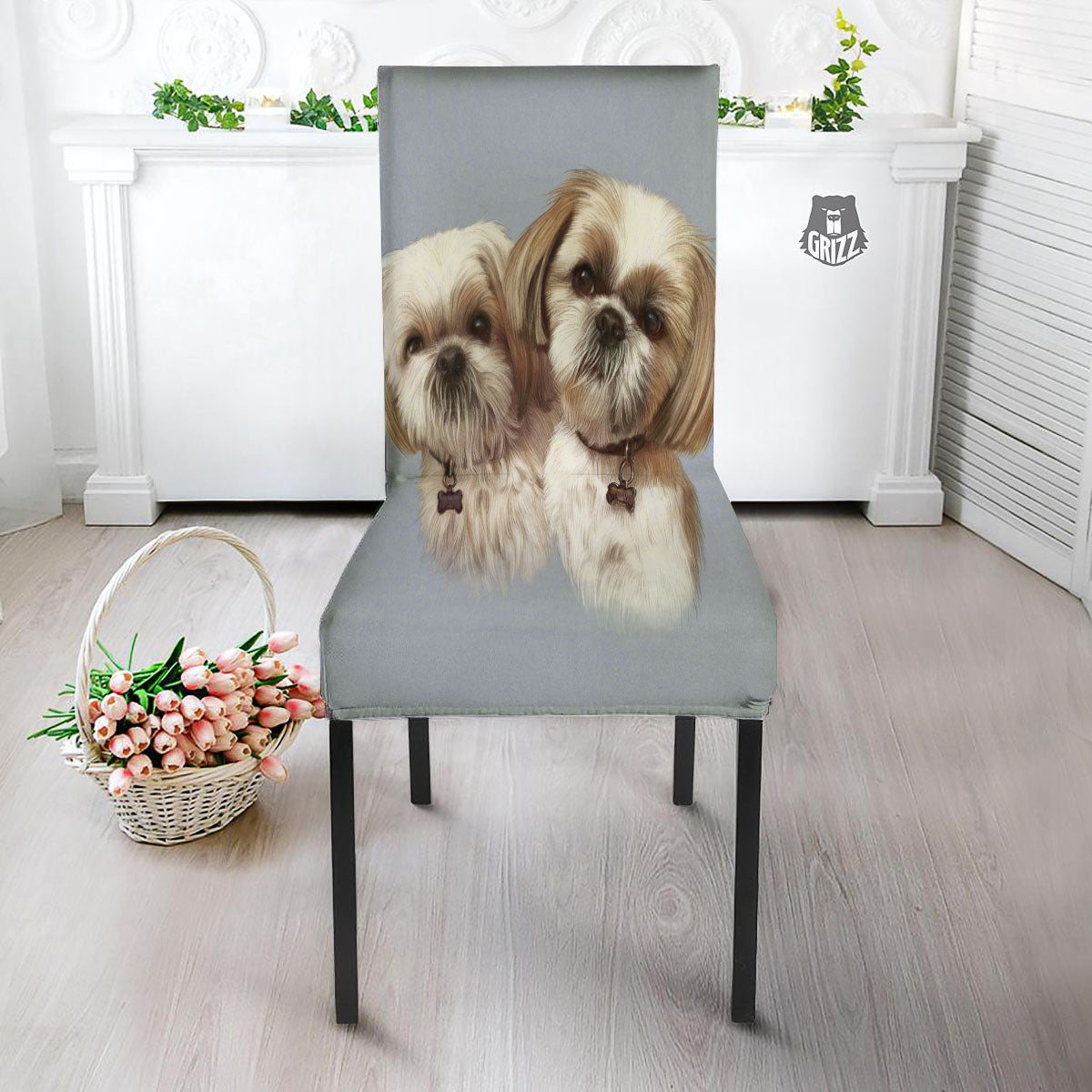 Portrait Shih Tzu Print Dining Chair Slipcover-grizzshop