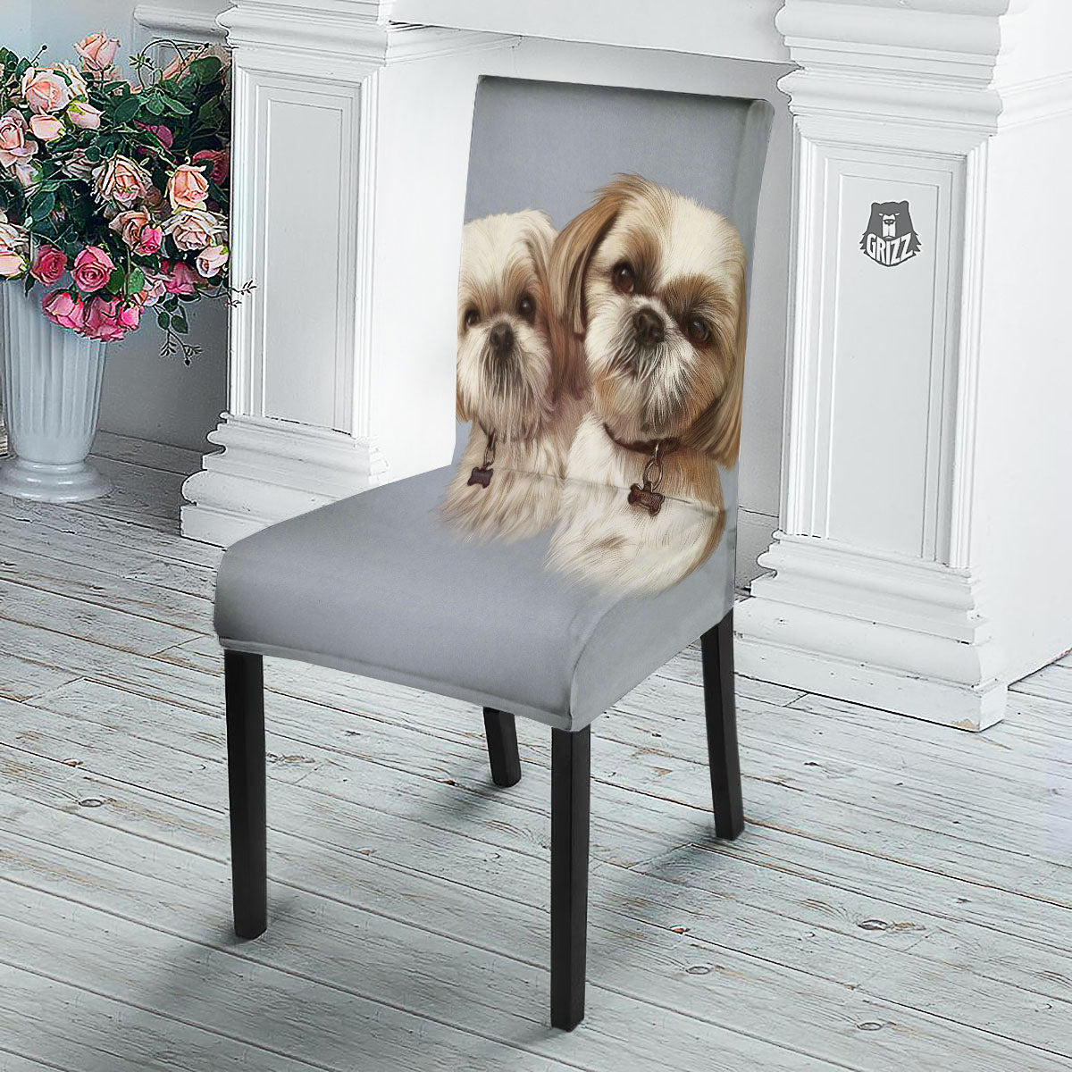 Portrait Shih Tzu Print Dining Chair Slipcover-grizzshop