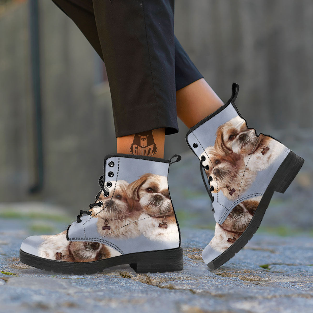 Portrait Shih Tzu Print Leather Boots-grizzshop