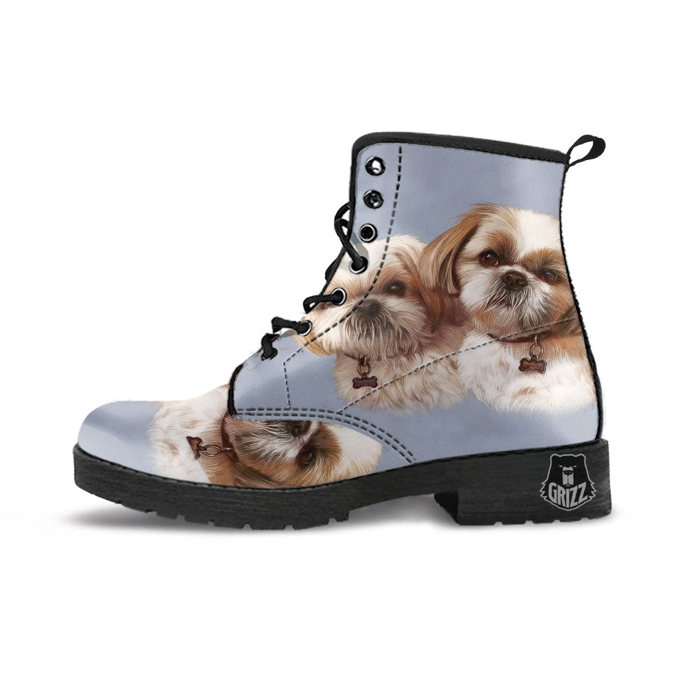 Portrait Shih Tzu Print Leather Boots-grizzshop