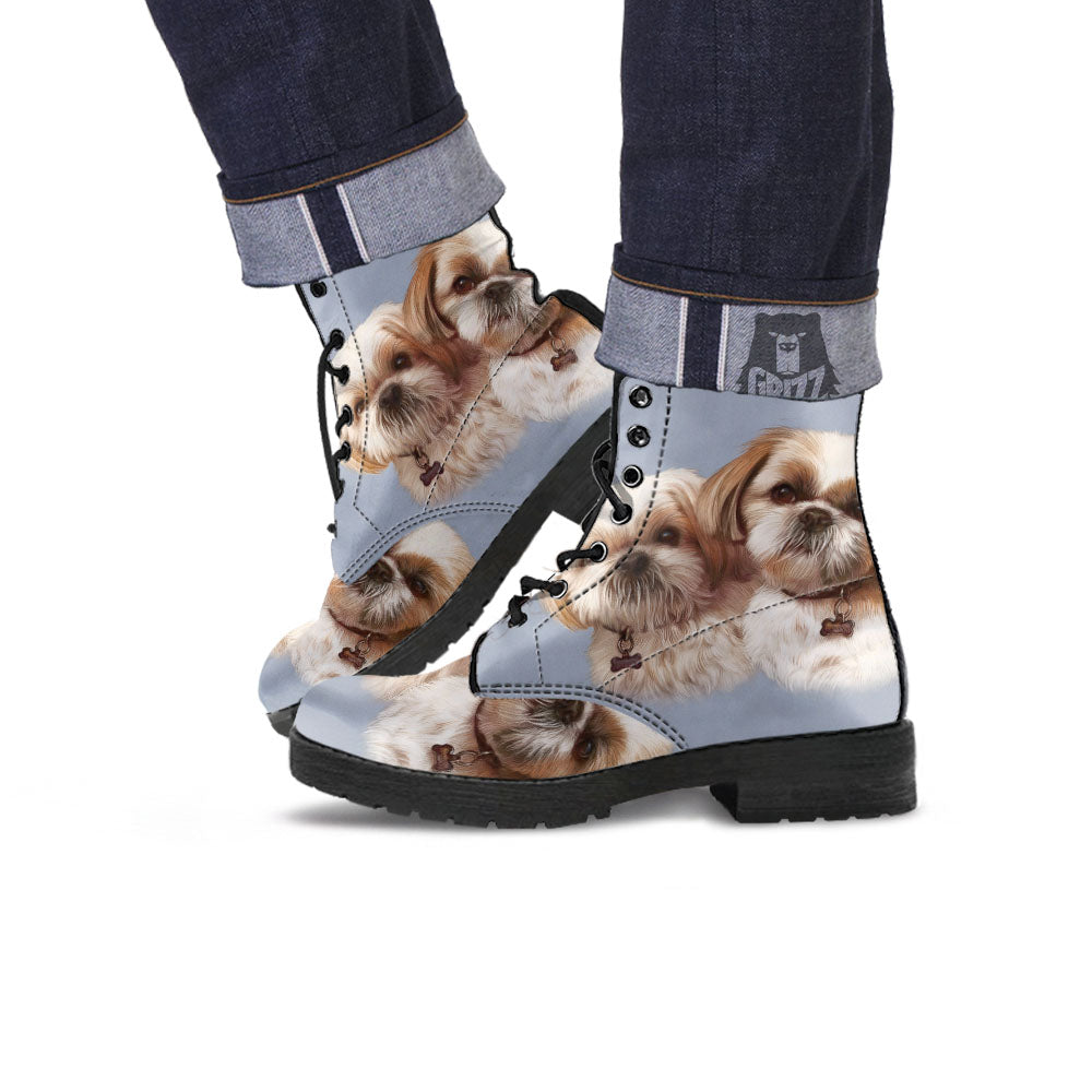 Portrait Shih Tzu Print Leather Boots-grizzshop
