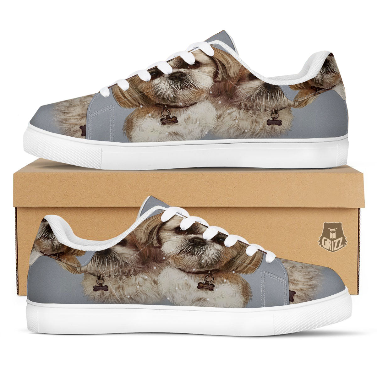 Portrait Shih Tzu Print White Low Top Sneakers-grizzshop