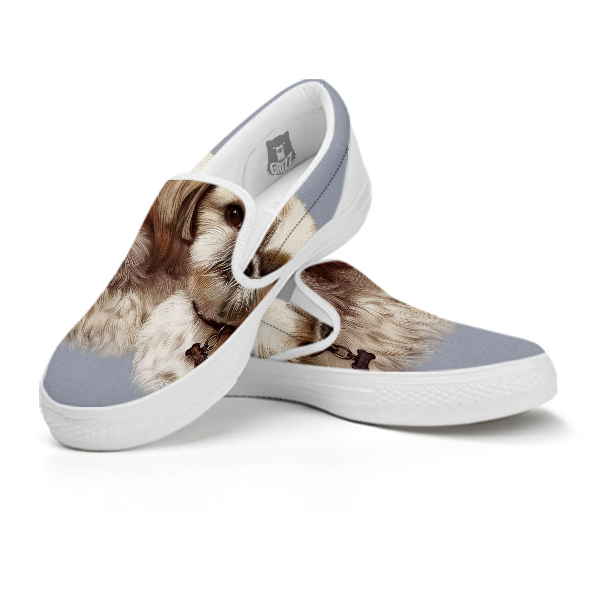 Portrait Shih Tzu Print White Slip On Shoes-grizzshop