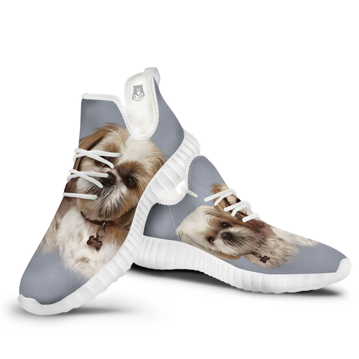 Portrait Shih Tzu Print White Walking Shoes-grizzshop