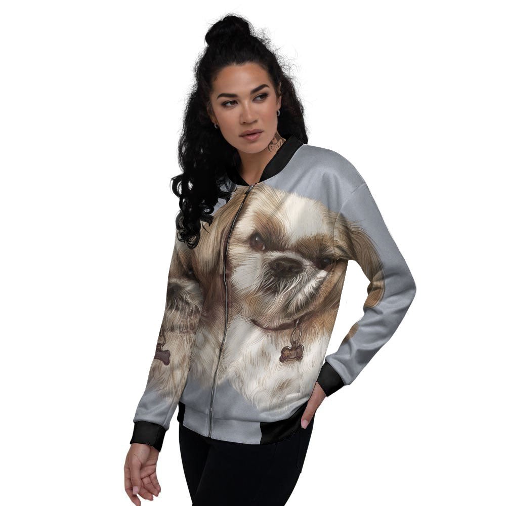 Portrait Shih Tzu Print Women's Bomber Jacket-grizzshop